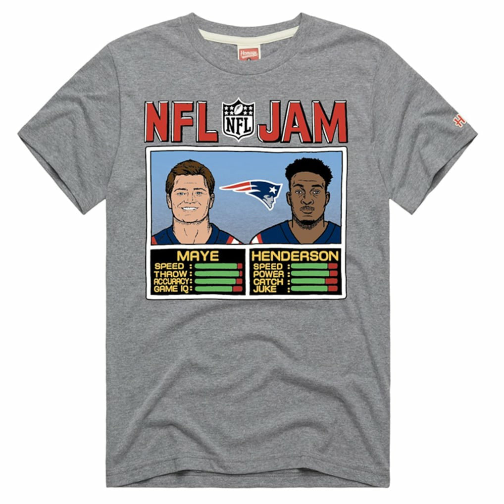 Drake Maye & TreVeyon Henderson  Homage Unisex NFL Jam Tri-Blend T-Shirt - New England Patriots T-shirts