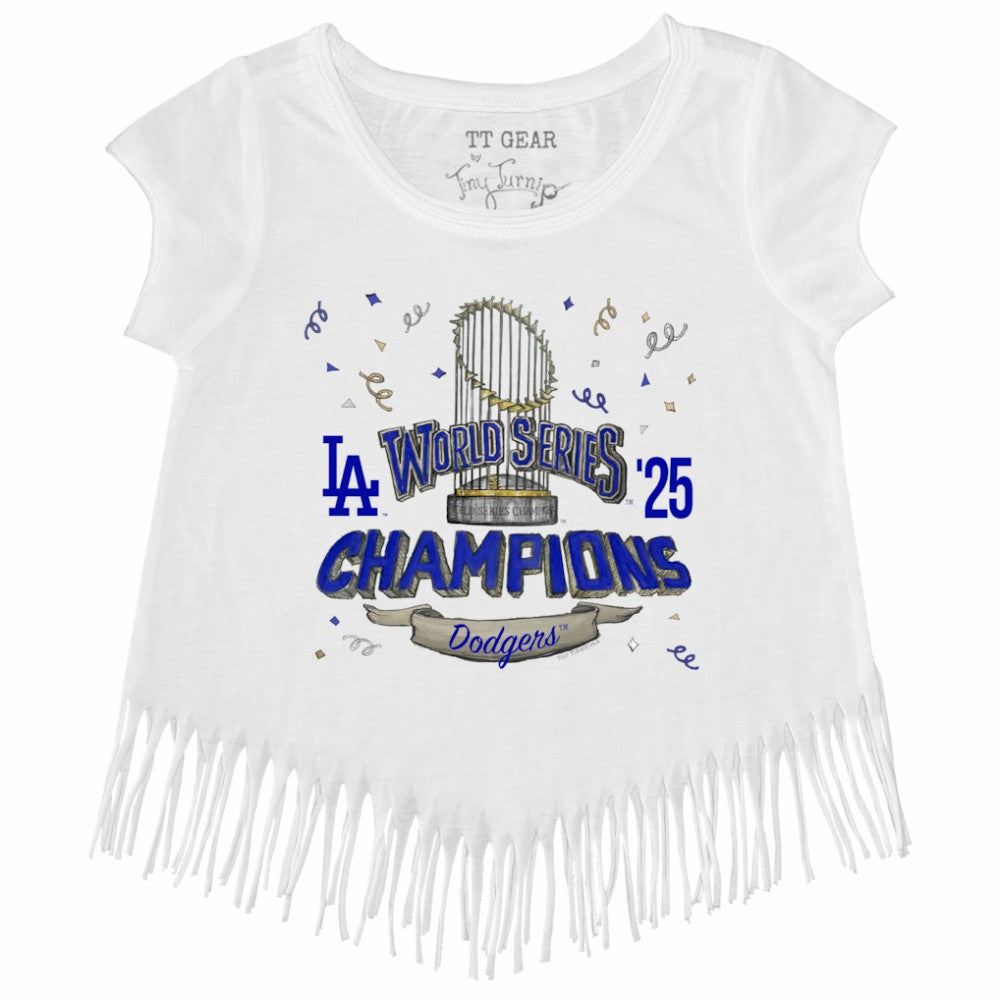 White Los Angeles Dodgers Tiny Turnip Girls Youth 2025 World Series Champions Parade Fringe T-Shirt