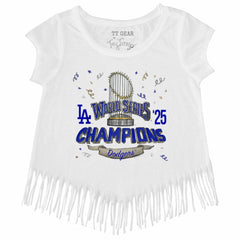 White Los Angeles Dodgers Tiny Turnip Girls Youth 2025 World Series Champions Parade Fringe T-Shirt