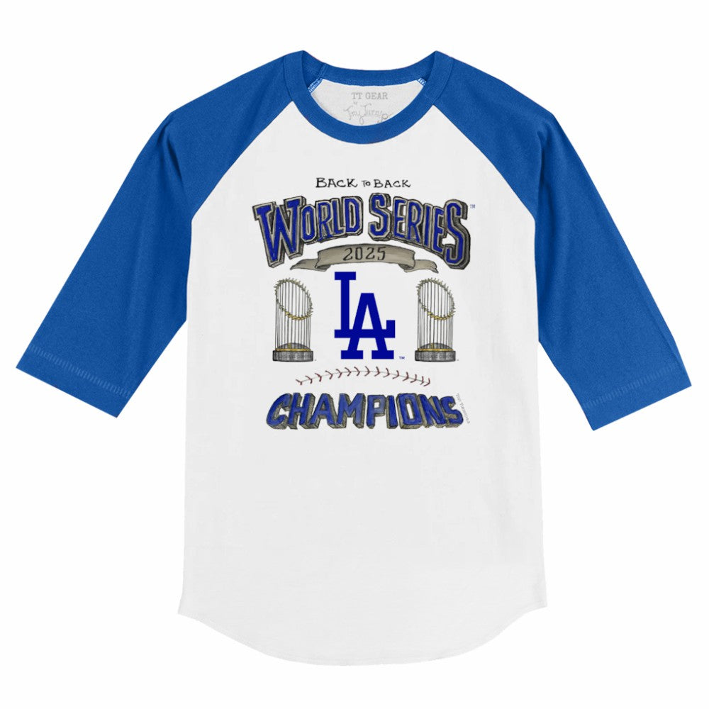 White/Royal Los Angeles Dodgers Tiny Turnip Youth 2025 World Series Champions 3/4-Sleeve Raglan Baseball T-Shirt