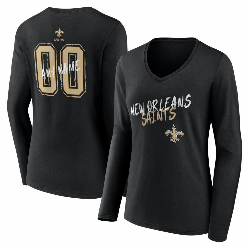 Women's Hustle Personalized Name & Number Long Sleeve V-Neck T-Shirt - New Orleans Saints T-shirts