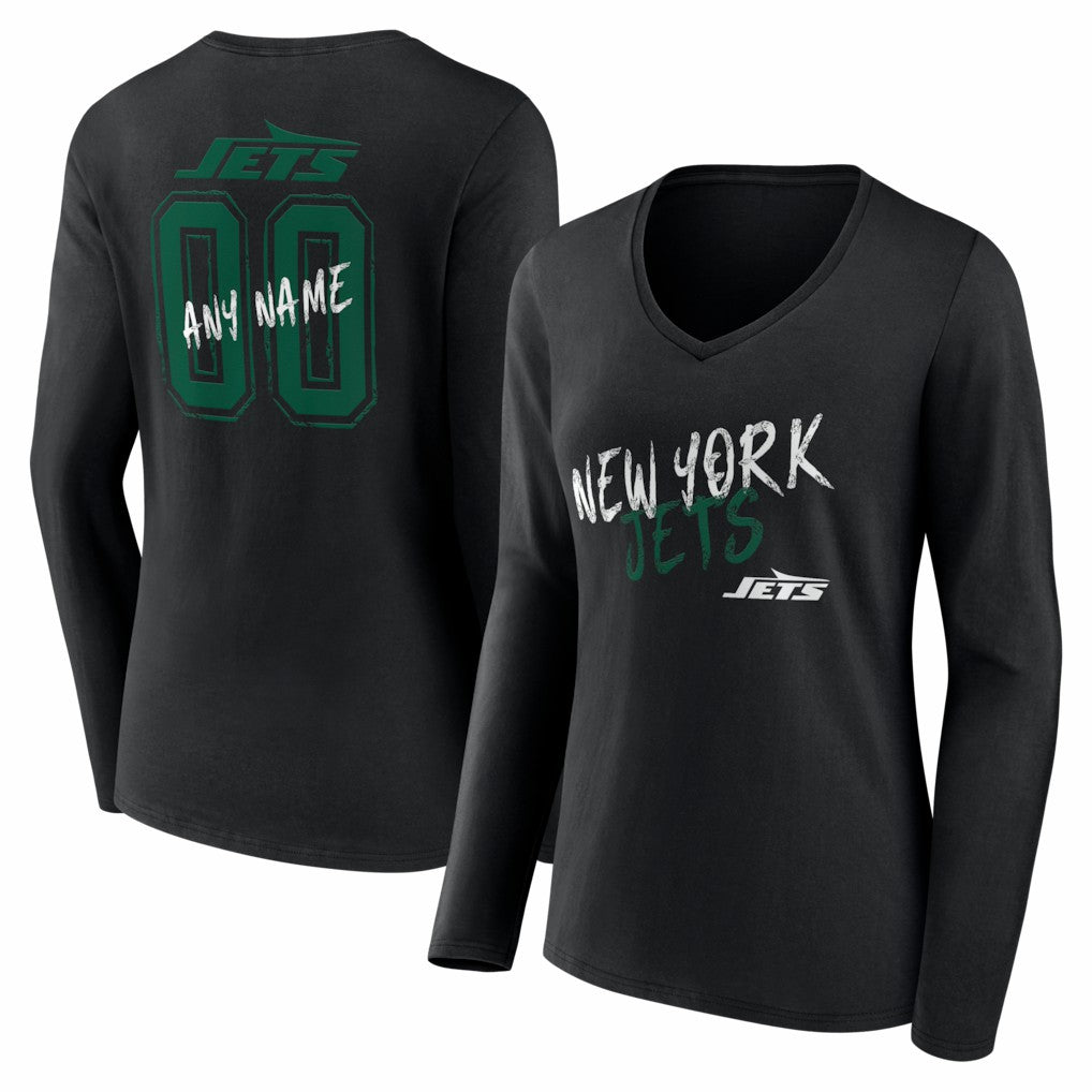 Women's Hustle Personalized Name & Number Long Sleeve V-Neck T-Shirt - New York Jets T-shirts