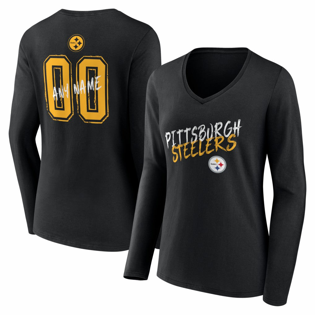 Women's Hustle Personalized Name & Number Long Sleeve V-Neck T-Shirt - Pittsburgh Steelers T-shirts