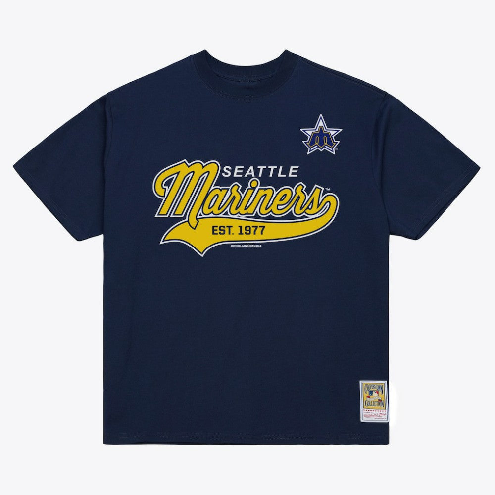 Navy Seattle Mariners Mitchell & Ness Script Sweep Arch T-Shirt