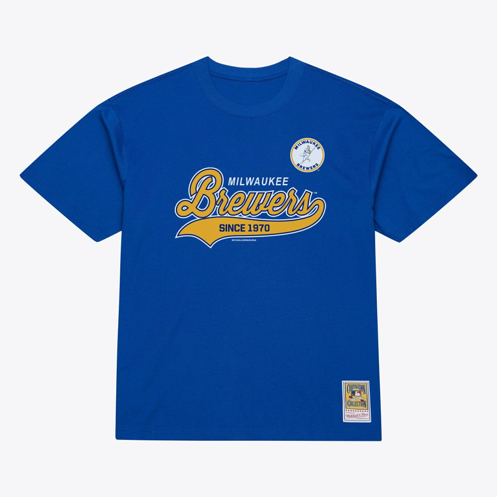 Royal Milwaukee Brewers Mitchell & Ness Script Sweep Arch T-Shirt