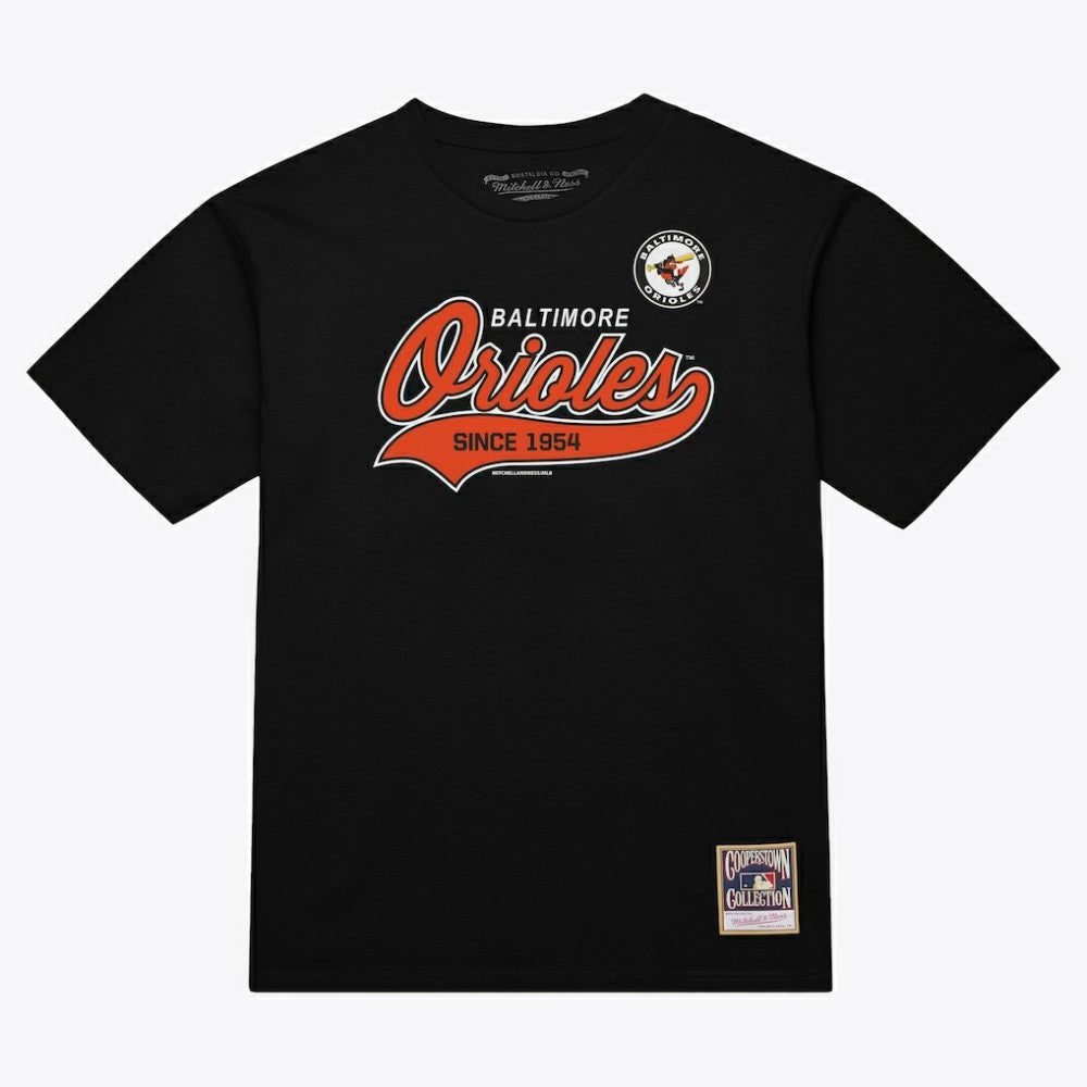 Black Baltimore Orioles Mitchell & Ness Script Sweep Arch T-Shirt
