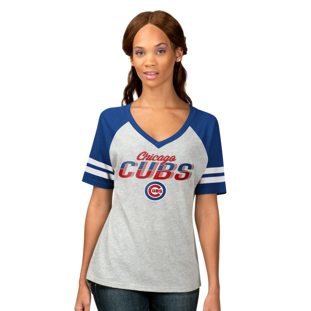 Heather Gray Chicago Cubs G-III 4Her by Carl Banks Women's Goal Line Raglan V-Neck T-Shirt