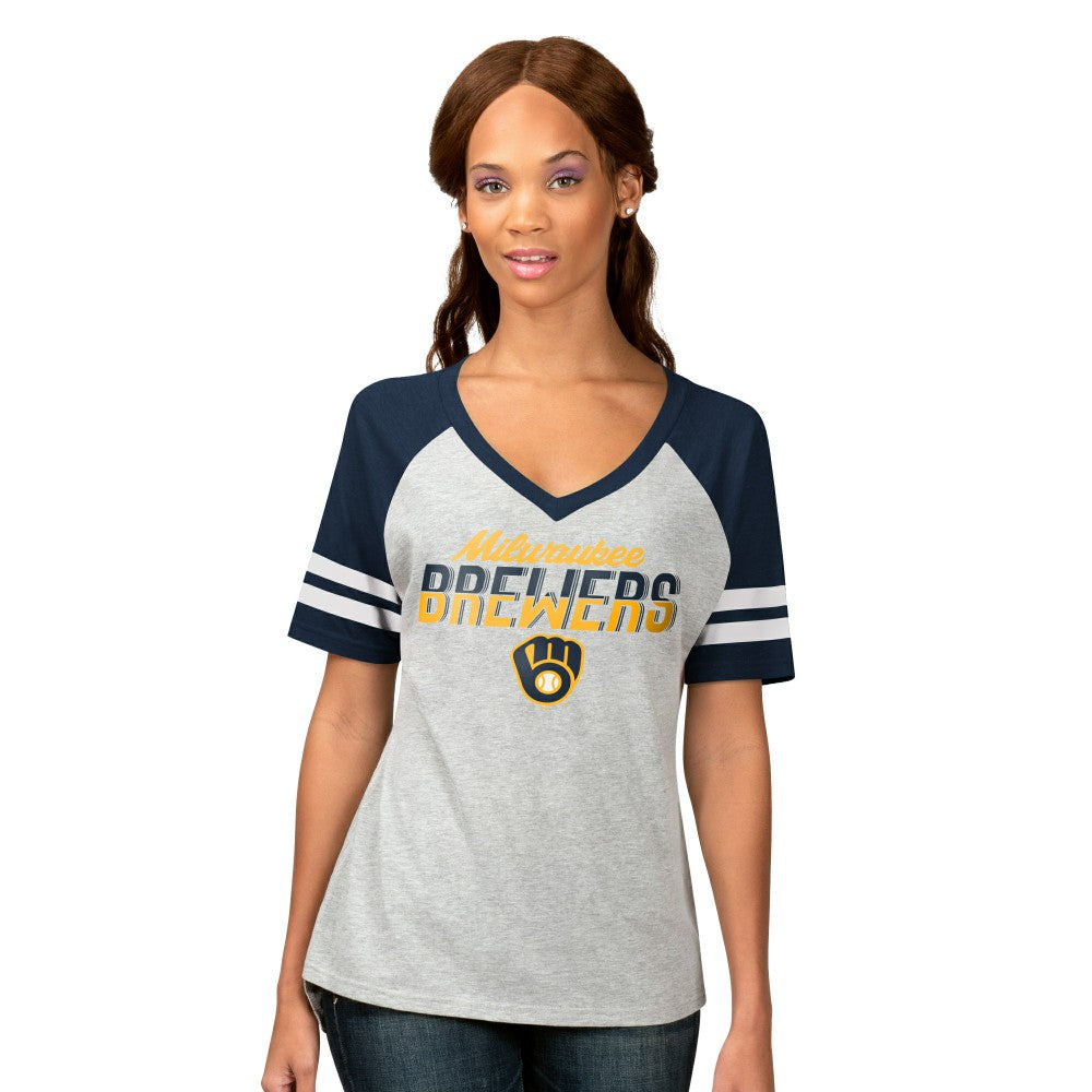 Heather Gray Milwaukee Brewers G-III 4Her by Carl Banks Women's Goal Line Raglan V-Neck T-Shirt