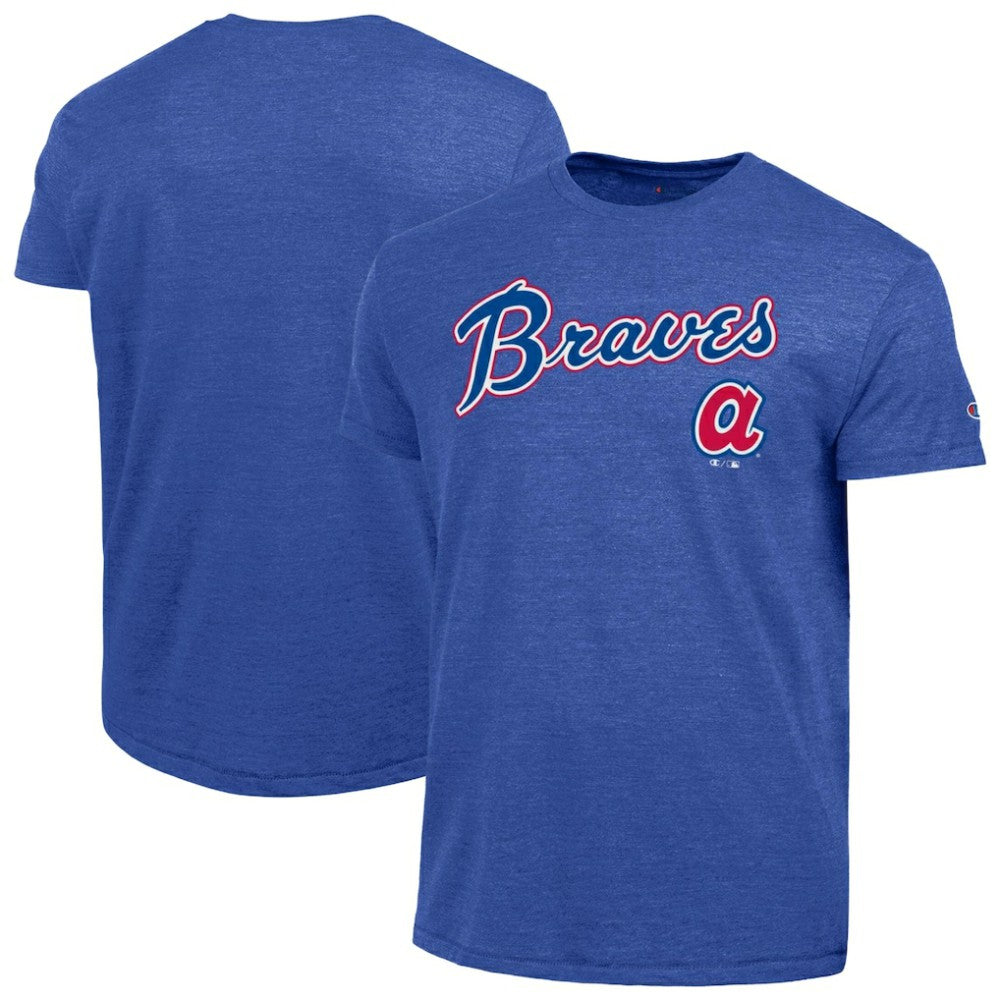 Royal Atlanta Braves Champion Cooperstown Wordmark Lockup Tri-Blend T-Shirt