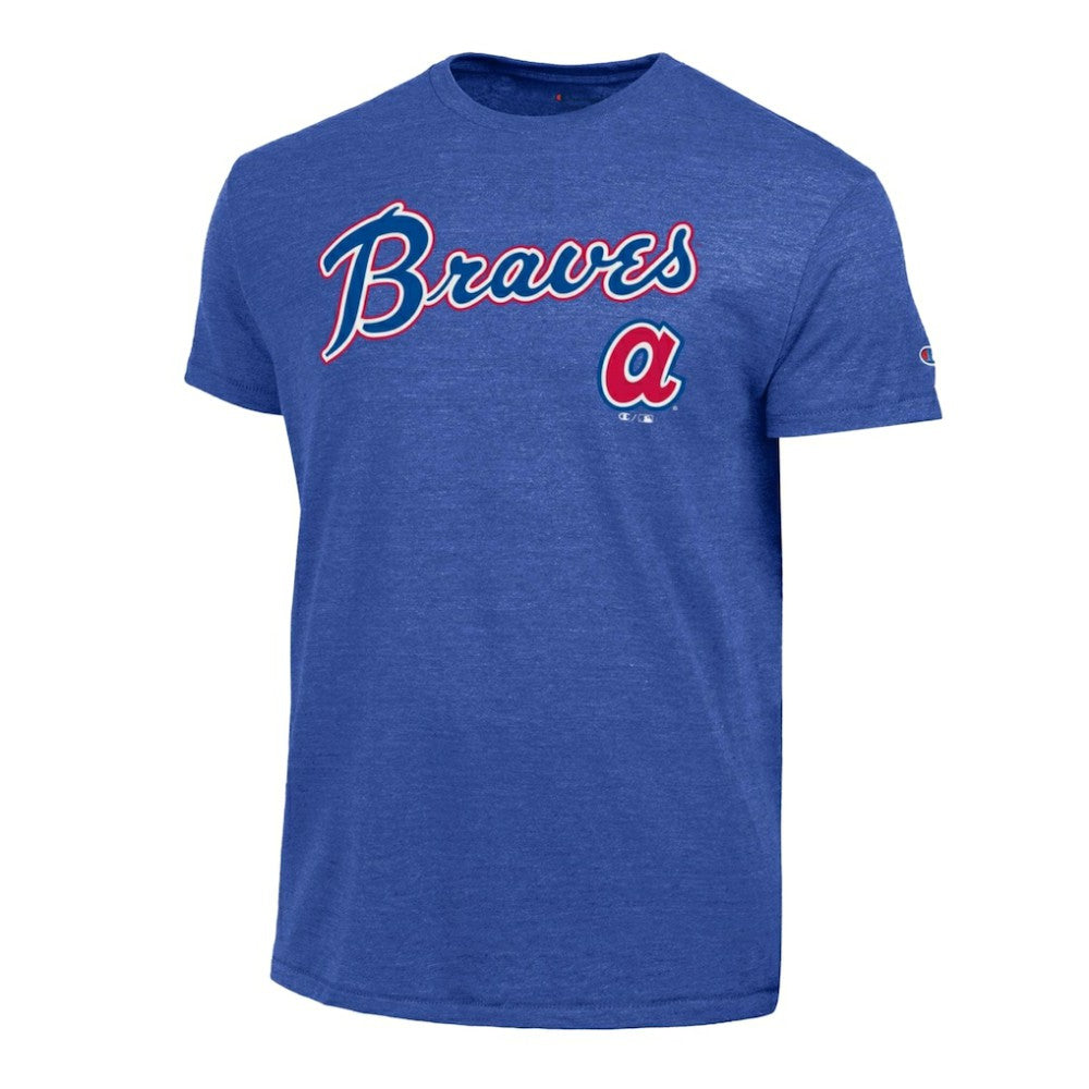 Royal Atlanta Braves Champion Cooperstown Wordmark Lockup Tri-Blend T-Shirt