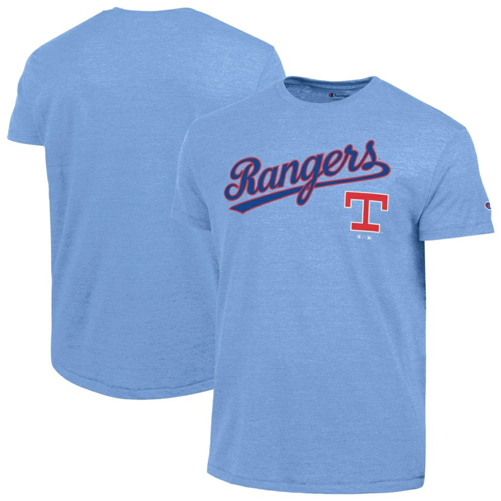 Light Blue Texas Rangers Champion Cooperstown Wordmark Lockup Tri-Blend T-Shirt
