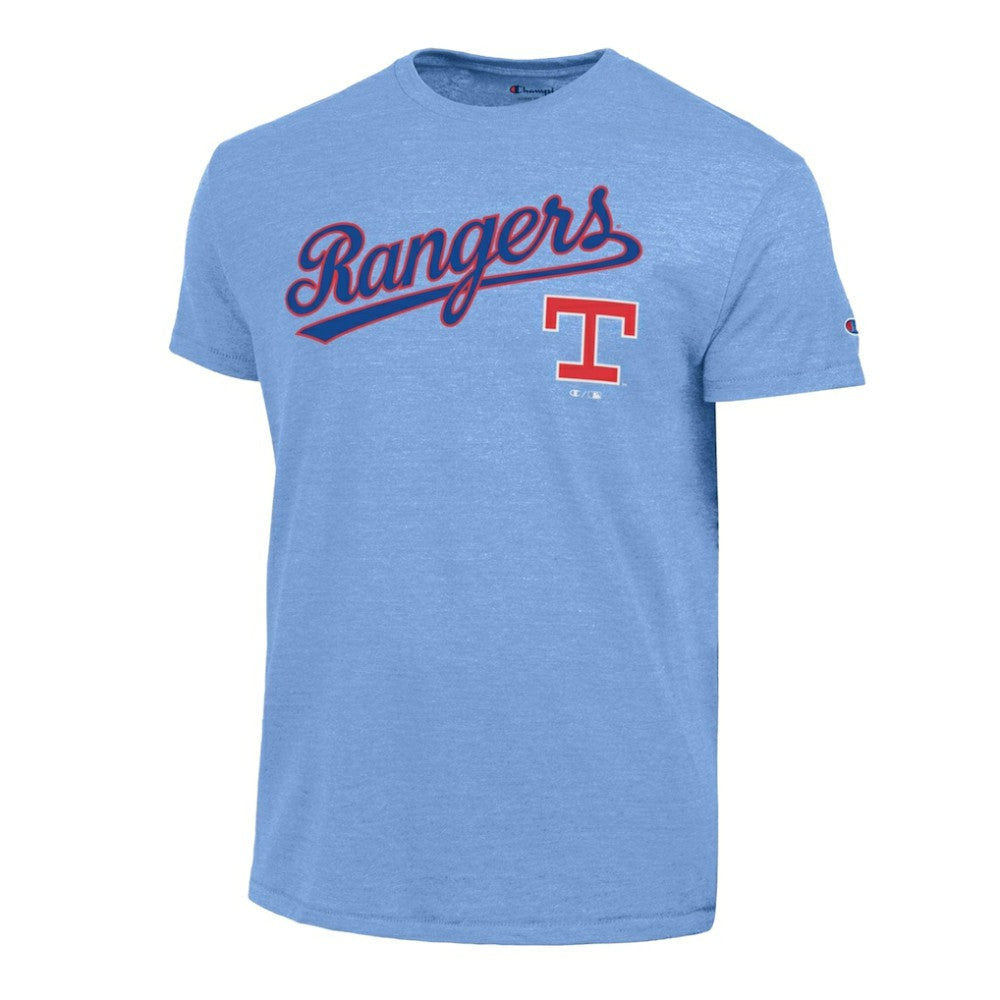 Light Blue Texas Rangers Champion Cooperstown Wordmark Lockup Tri-Blend T-Shirt