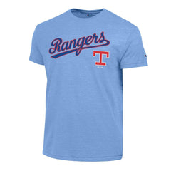 Light Blue Texas Rangers Champion Cooperstown Wordmark Lockup Tri-Blend T-Shirt