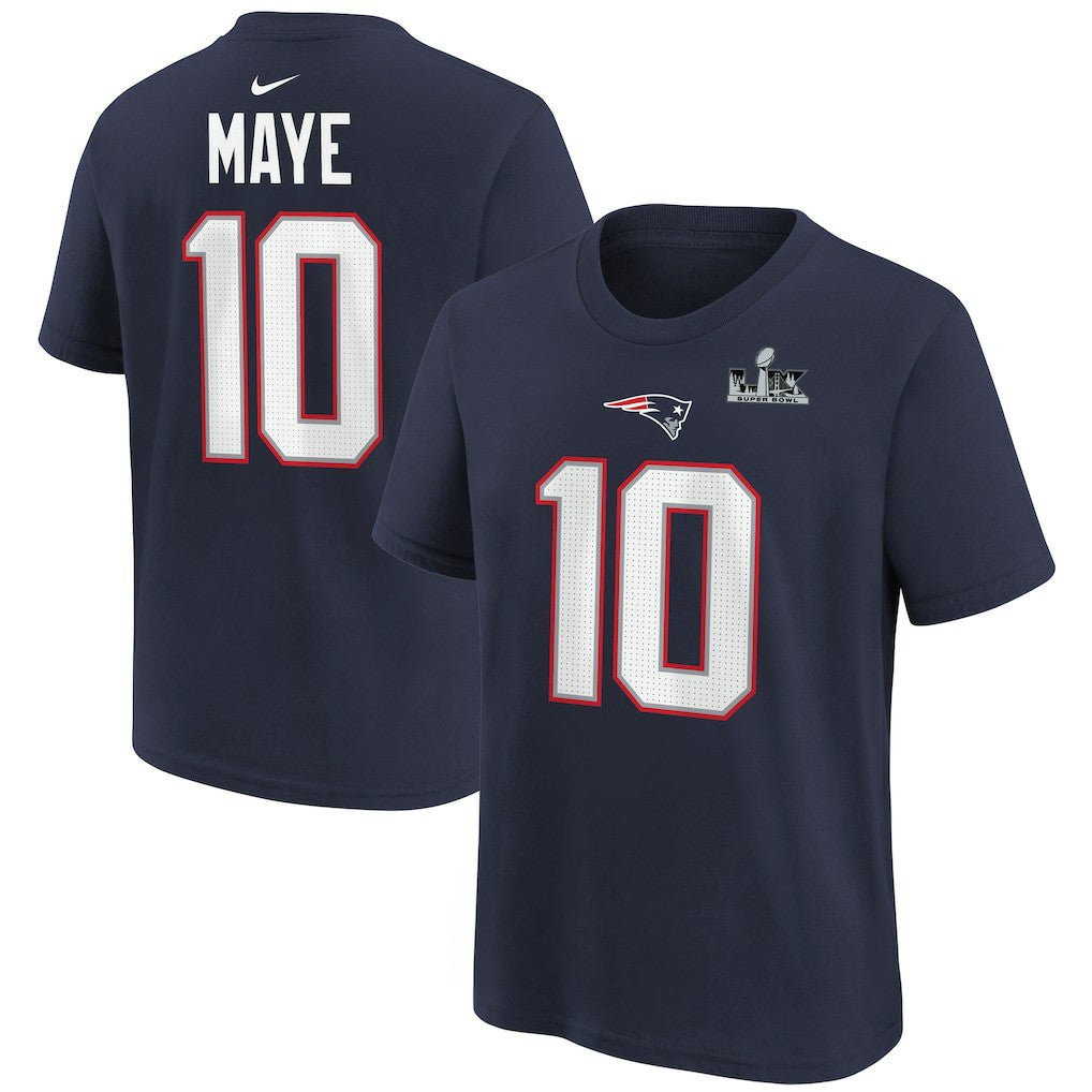 Drake Maye  Youth Super Bowl LX Patch Name & Number T-Shirt - New England Patriots T-shirts