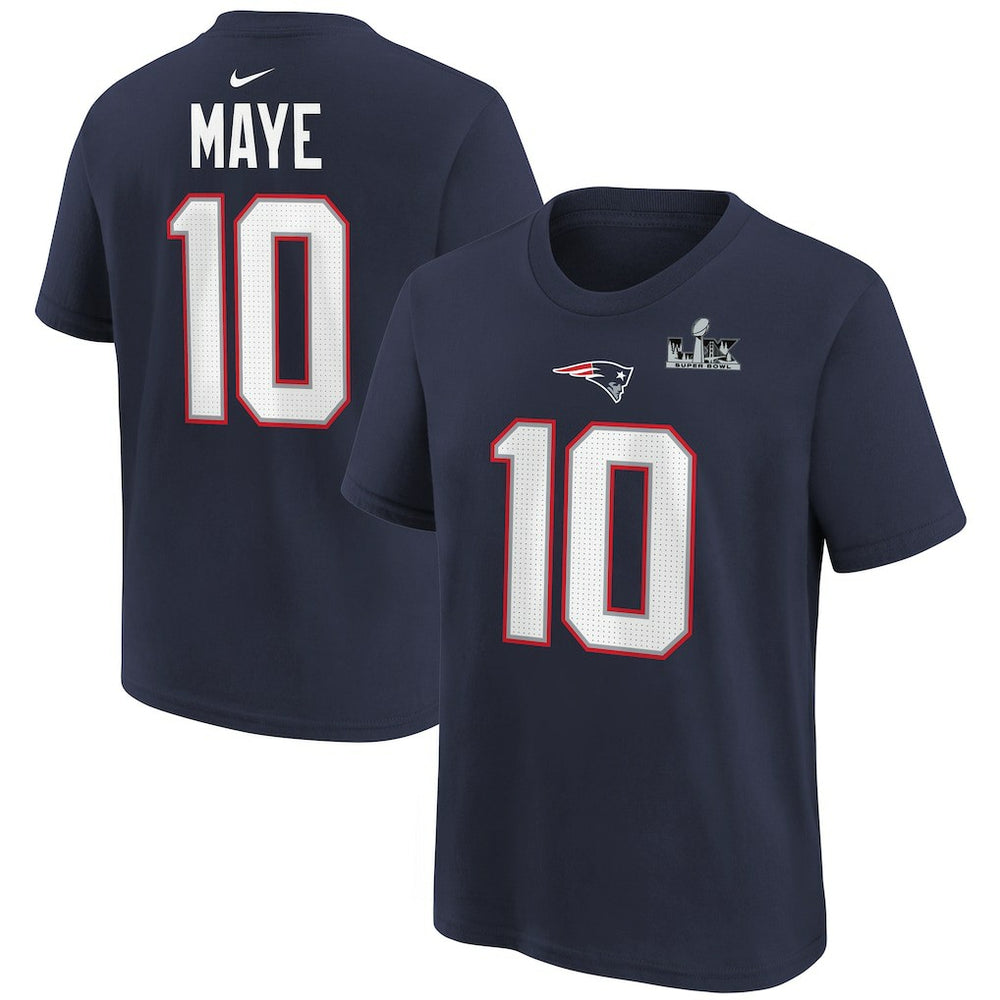 Drake Maye  Youth Super Bowl LX Patch Name & Number T-Shirt - New England Patriots T-shirts