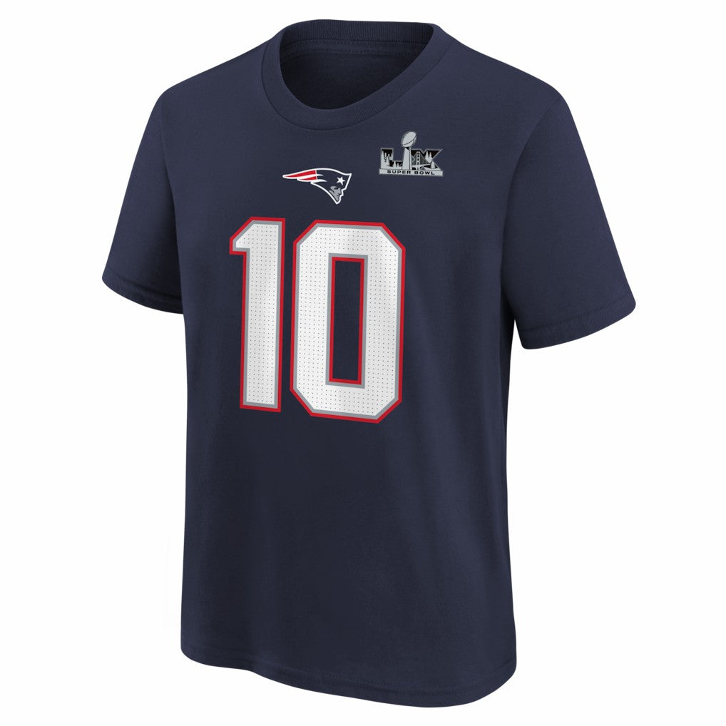 Drake Maye  Youth Super Bowl LX Patch Name & Number T-Shirt - New England Patriots T-shirts