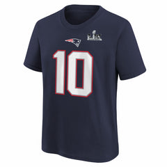 Drake Maye  Youth Super Bowl LX Patch Name & Number T-Shirt - New England Patriots T-shirts