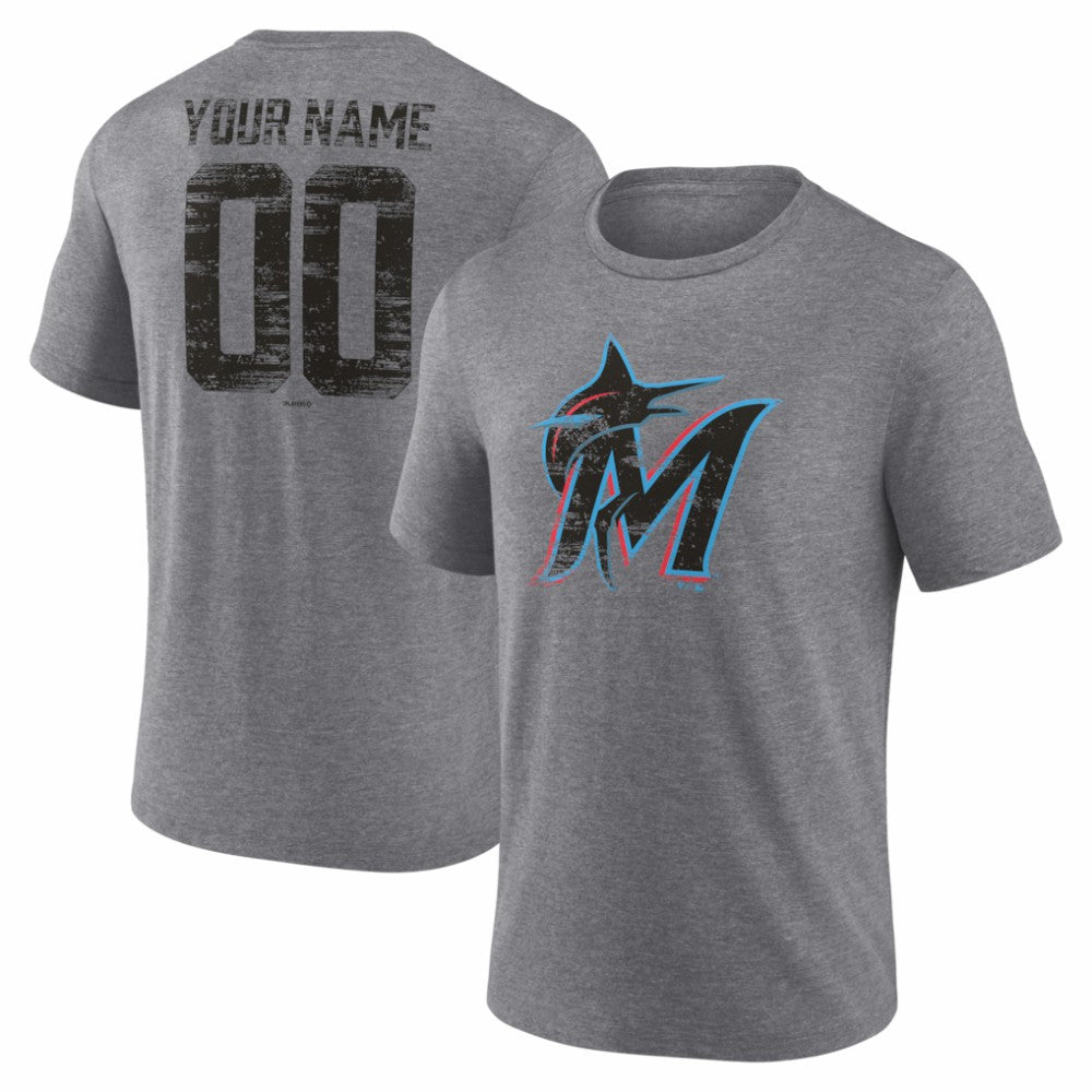 Gray Miami Marlins Heritage Personalized Any Name & Number Tri-Blend T-Shirt