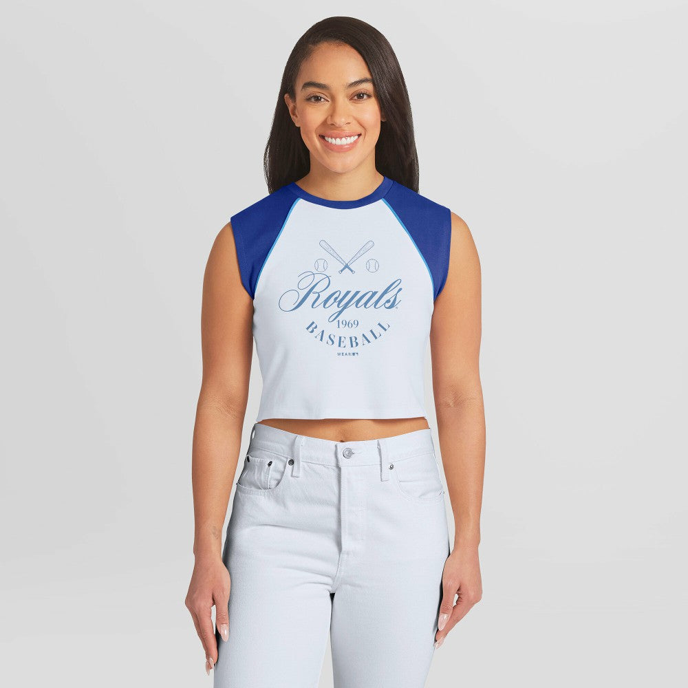 White Kansas City Royals WEAR by Erin Andrews Women's Cooperstown Cropped Raglan Tank Top