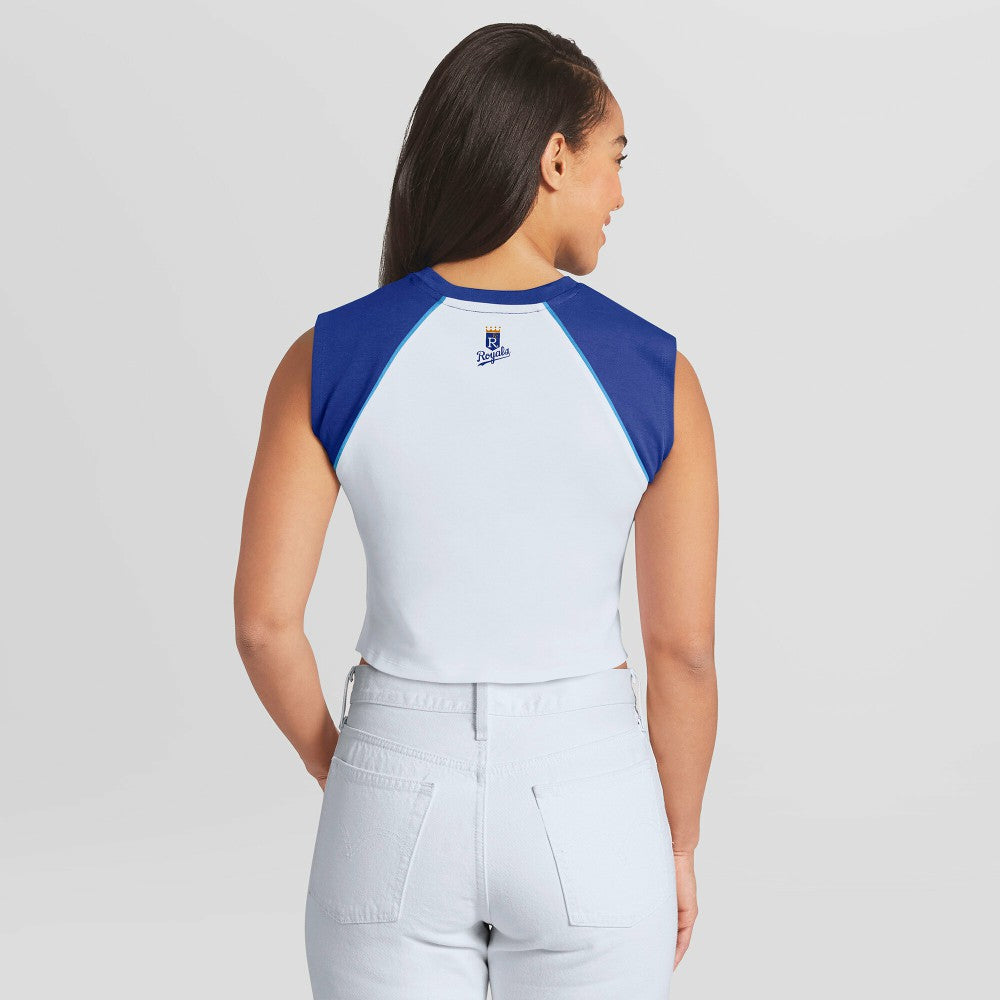 White Kansas City Royals WEAR by Erin Andrews Women's Cooperstown Cropped Raglan Tank Top