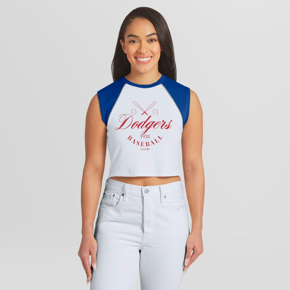White Los Angeles Dodgers WEAR by Erin Andrews Women's Cooperstown Cropped Raglan Tank Top