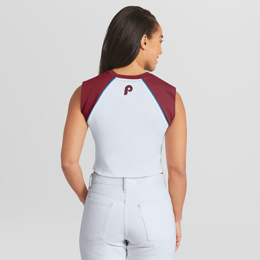 White Philadelphia Phillies WEAR by Erin Andrews Women's Cooperstown Cropped Raglan Tank Top