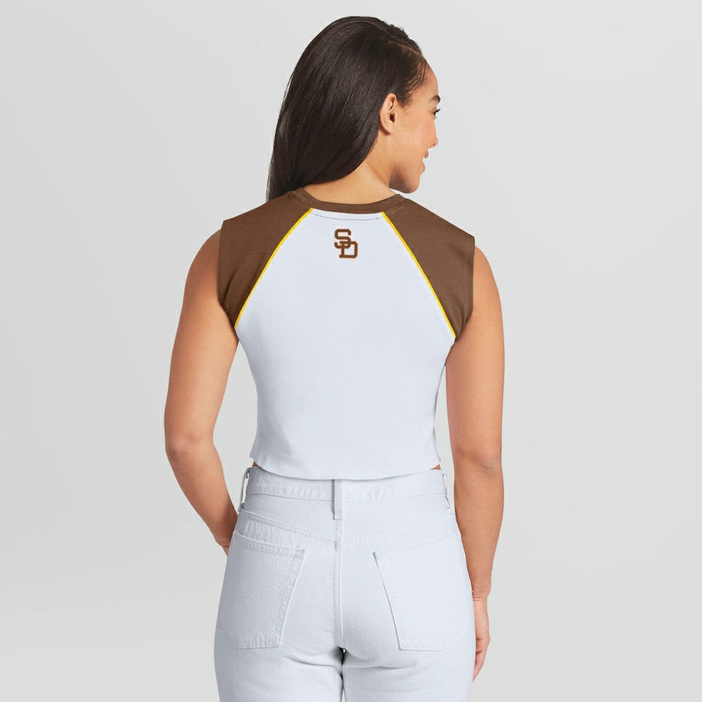 White San Diego Padres WEAR by Erin Andrews Women's Cooperstown Cropped Raglan Tank Top