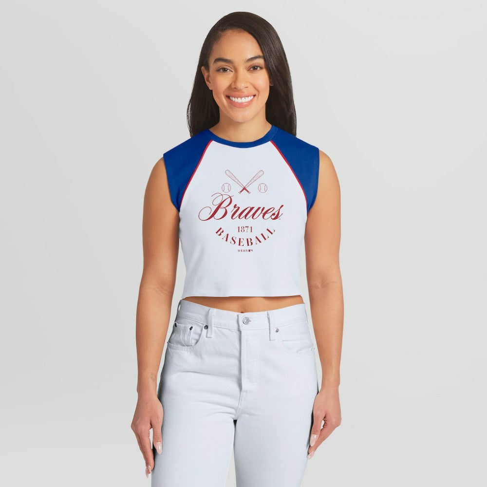 White Atlanta Braves WEAR by Erin Andrews Women's Cooperstown Cropped Raglan Tank Top
