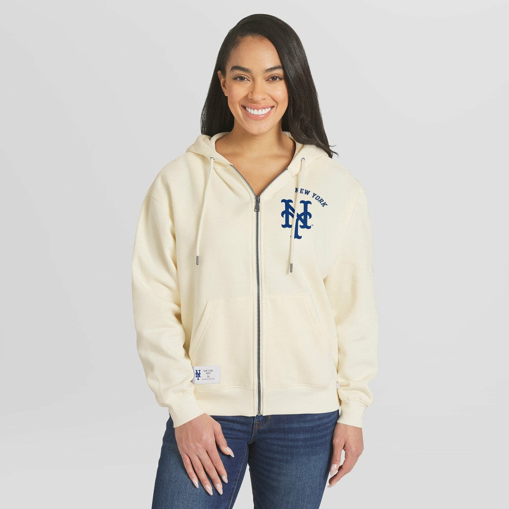 Cream New York Mets WEAR by Erin Andrews Women's Full-Zip Hoodie