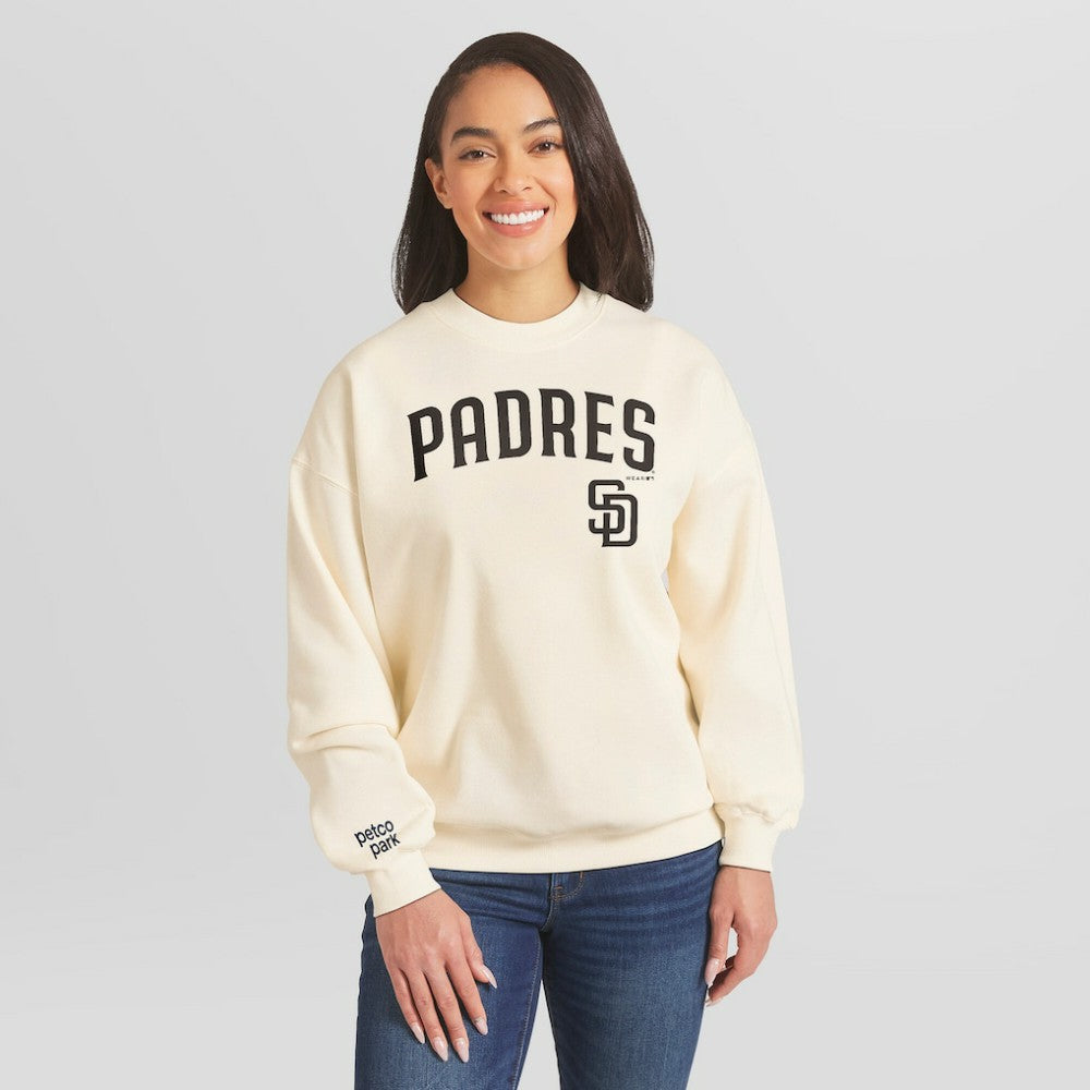 Cream San Diego Padres WEAR by Erin Andrews Women's Heavyweight Crew Neck Sweatshirt