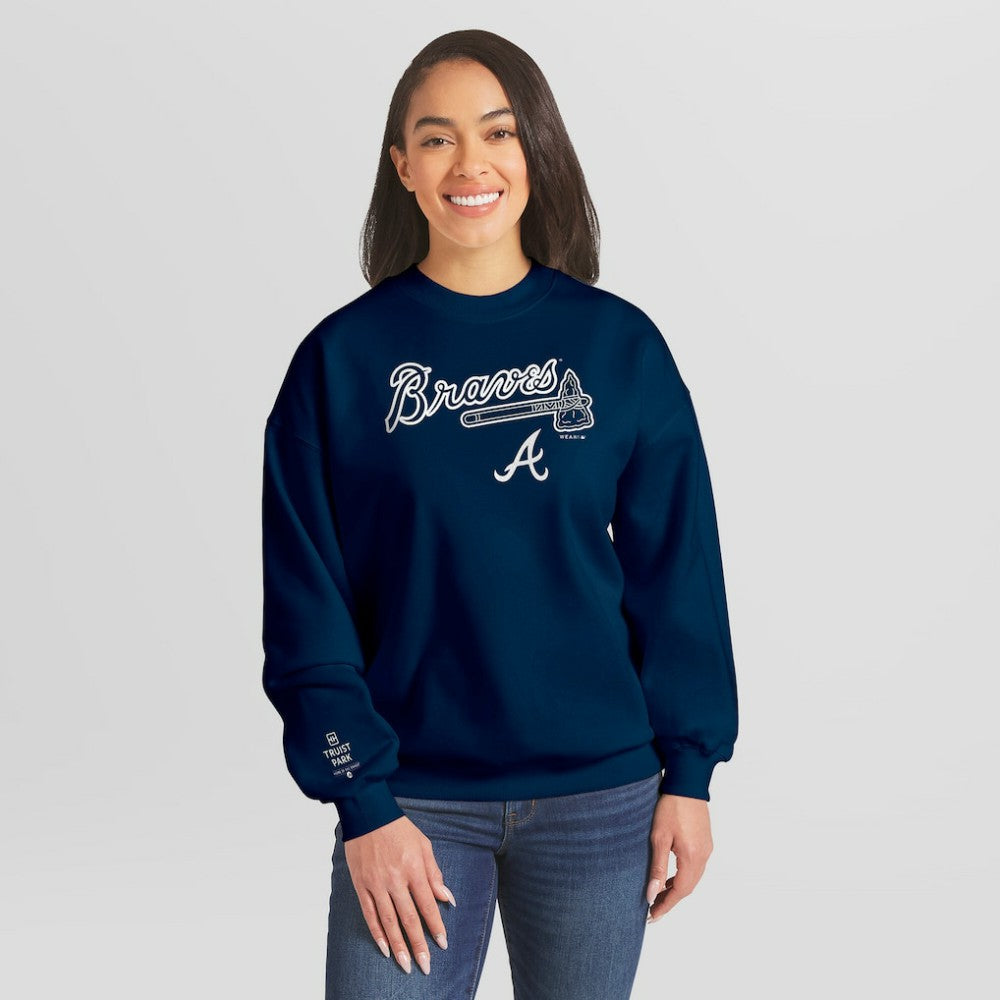 Navy Atlanta Braves WEAR by Erin Andrews Women's Heavyweight Crew Neck Sweatshirt