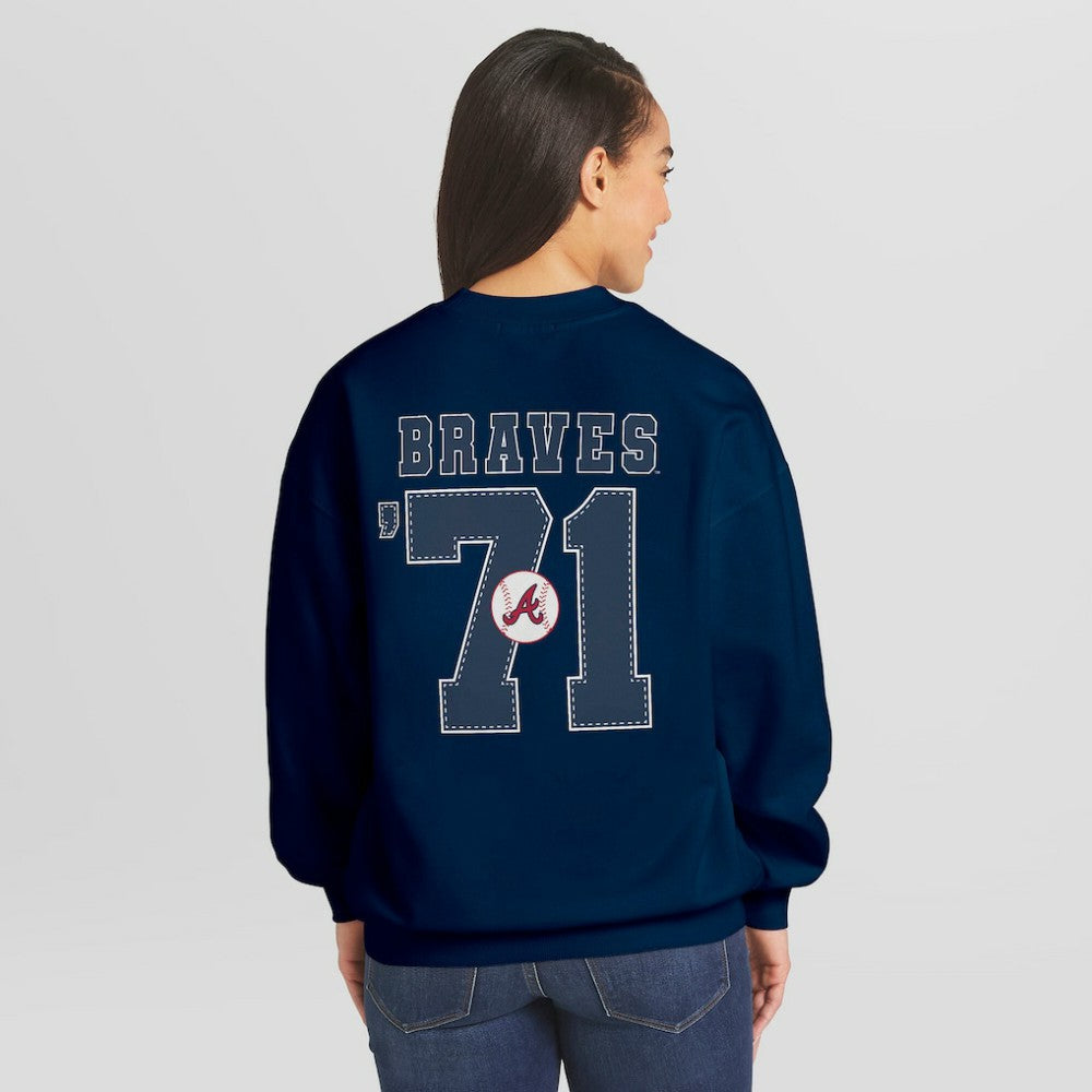 Navy Atlanta Braves WEAR by Erin Andrews Women's Heavyweight Crew Neck Sweatshirt