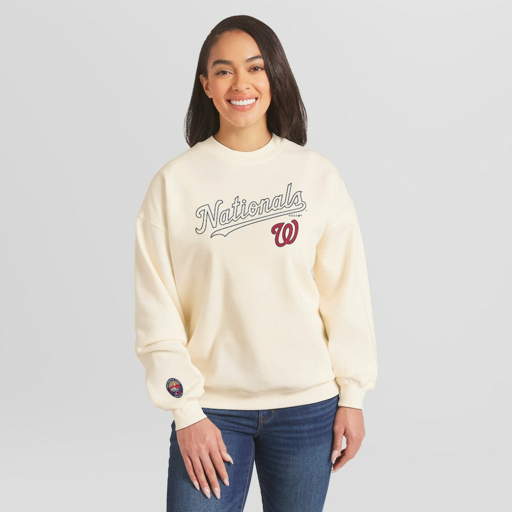 Cream Washington Nationals WEAR by Erin Andrews Women's Heavyweight Crew Neck Sweatshirt
