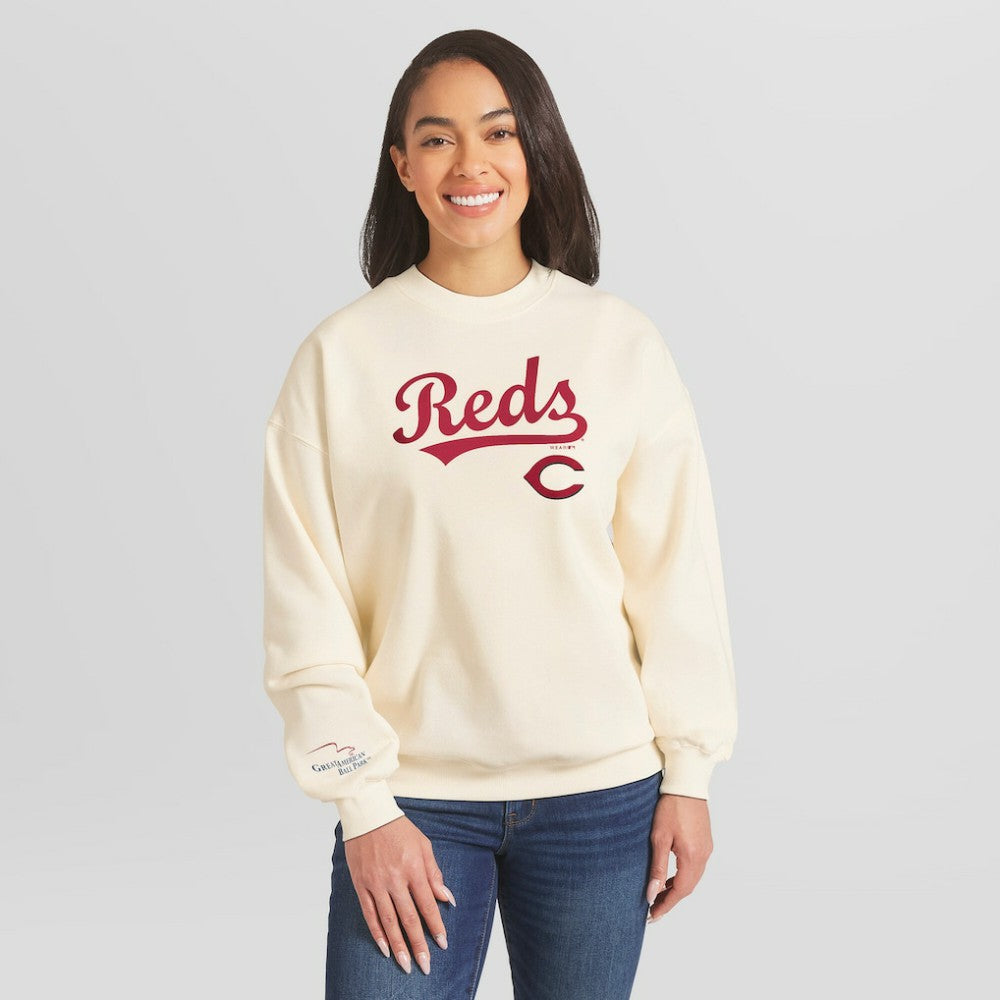 Cream Cincinnati Reds WEAR by Erin Andrews Women's Heavyweight Crew Neck Sweatshirt