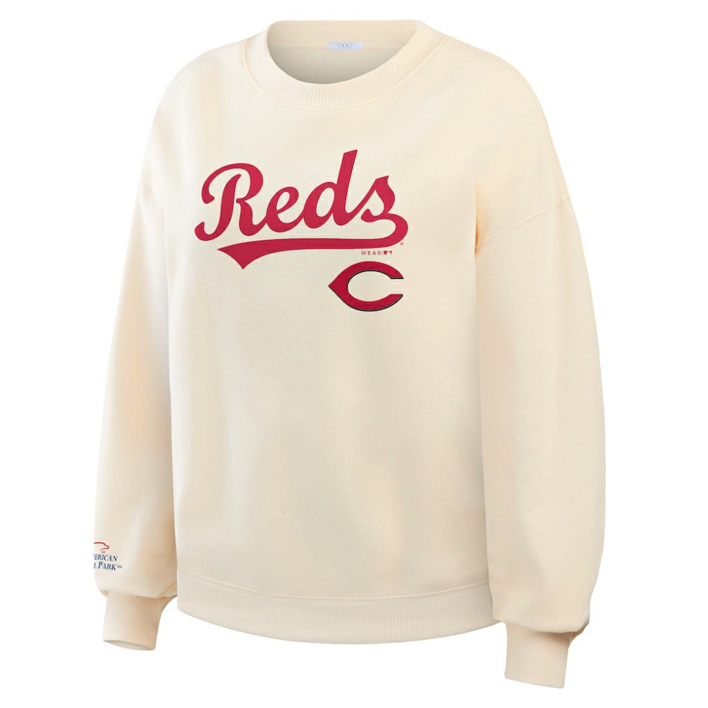 Cream Cincinnati Reds WEAR by Erin Andrews Women's Heavyweight Crew Neck Sweatshirt