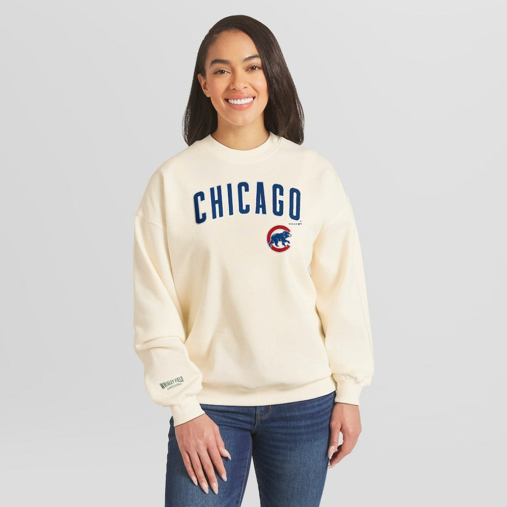 Cream Chicago Cubs WEAR by Erin Andrews Women's Heavyweight Crew Neck Sweatshirt