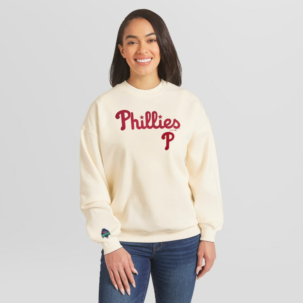 Cream Philadelphia Phillies WEAR by Erin Andrews Women's Heavyweight Crew Neck Sweatshirt