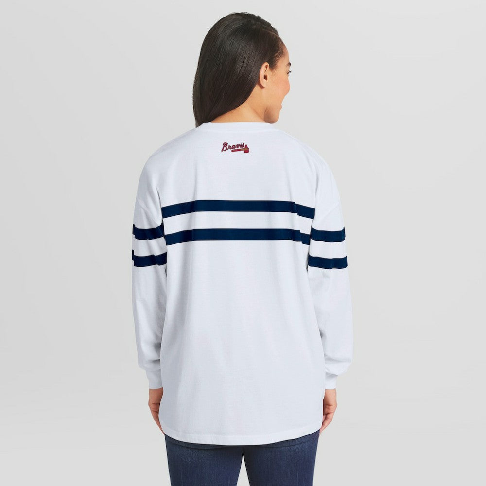 White Atlanta Braves WEAR by Erin Andrews Women's Oversized Long Sleeve Striped T-Shirt