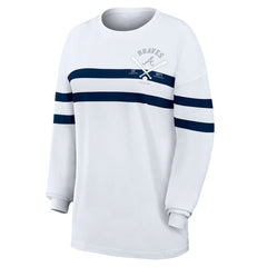 White Atlanta Braves WEAR by Erin Andrews Women's Oversized Long Sleeve Striped T-Shirt