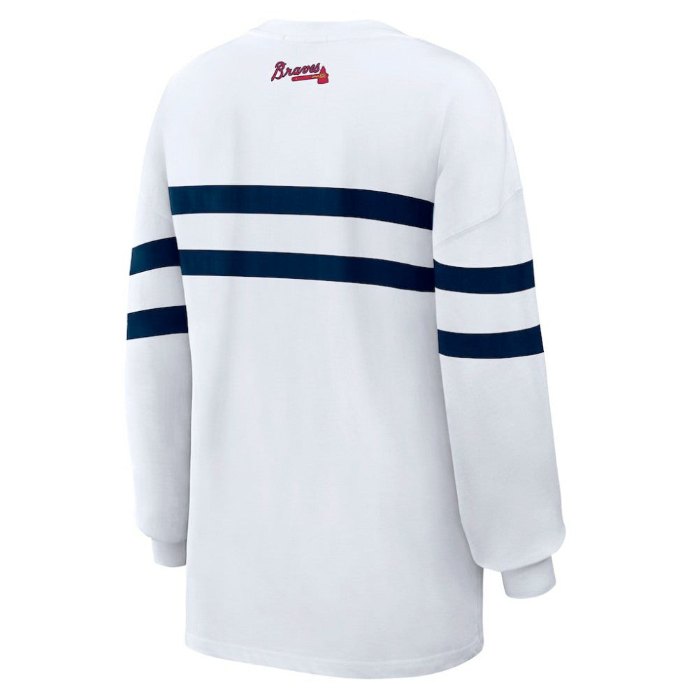 White Atlanta Braves WEAR by Erin Andrews Women's Oversized Long Sleeve Striped T-Shirt