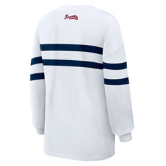 White Atlanta Braves WEAR by Erin Andrews Women's Oversized Long Sleeve Striped T-Shirt