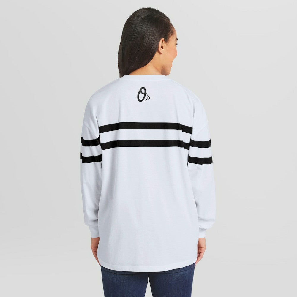 White Baltimore Orioles WEAR by Erin Andrews Women's Oversized Long Sleeve Striped T-Shirt