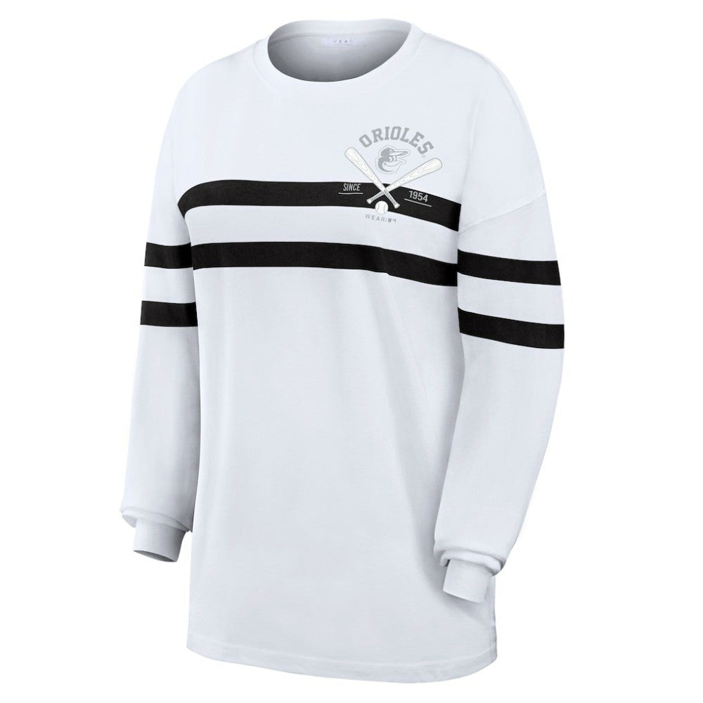 White Baltimore Orioles WEAR by Erin Andrews Women's Oversized Long Sleeve Striped T-Shirt
