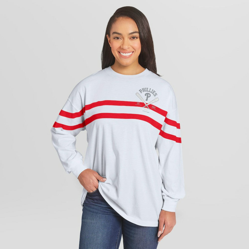 White Philadelphia Phillies WEAR by Erin Andrews Women's Oversized Long Sleeve Striped T-Shirt