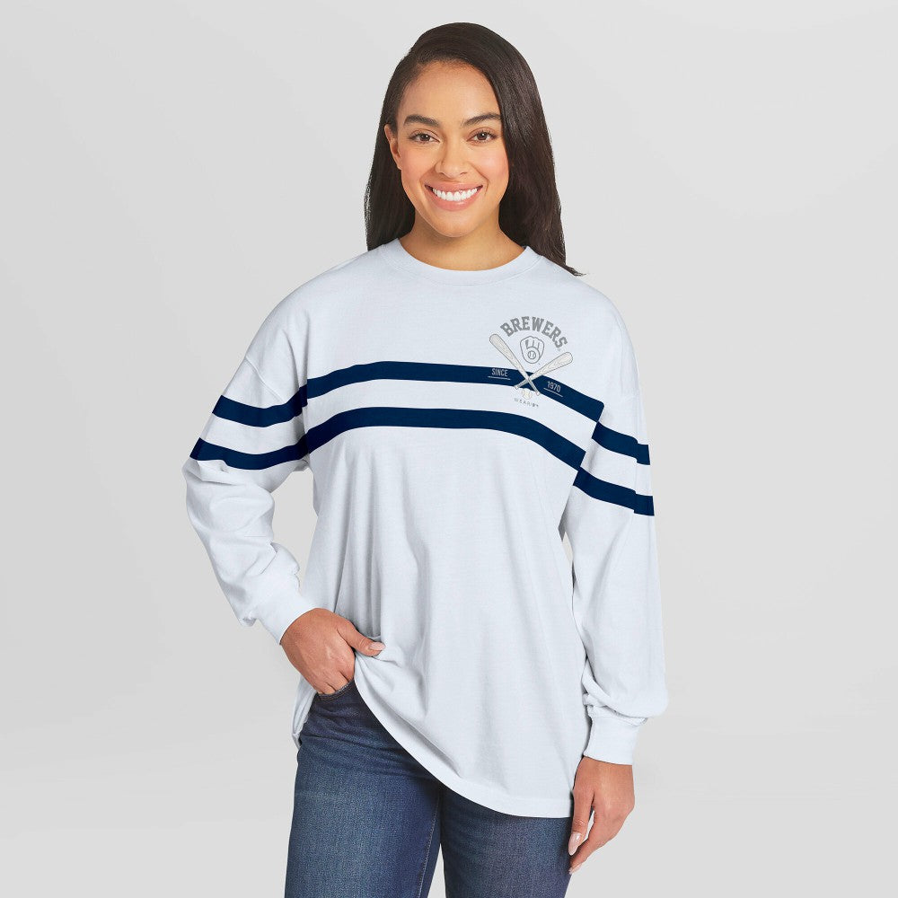 White Milwaukee Brewers WEAR by Erin Andrews Women's Oversized Long Sleeve Striped T-Shirt