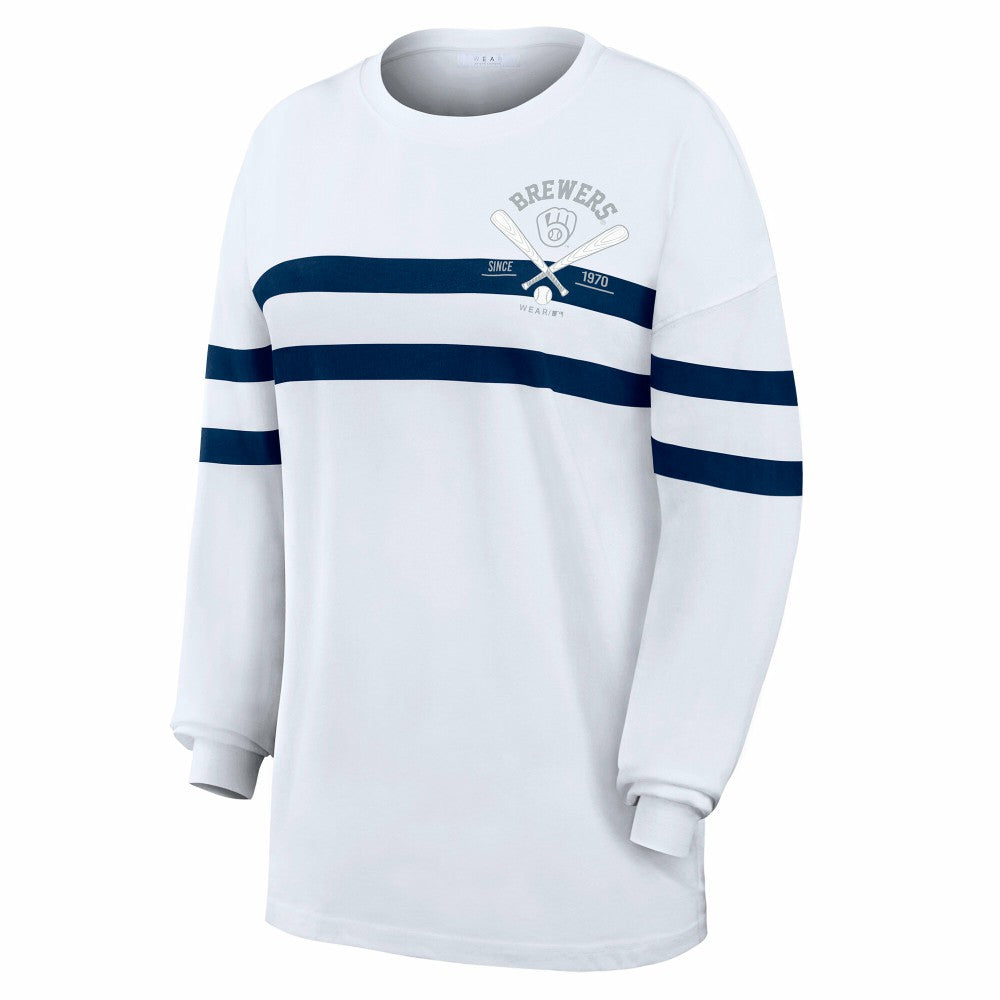 White Milwaukee Brewers WEAR by Erin Andrews Women's Oversized Long Sleeve Striped T-Shirt