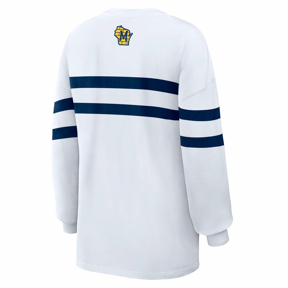 White Milwaukee Brewers WEAR by Erin Andrews Women's Oversized Long Sleeve Striped T-Shirt