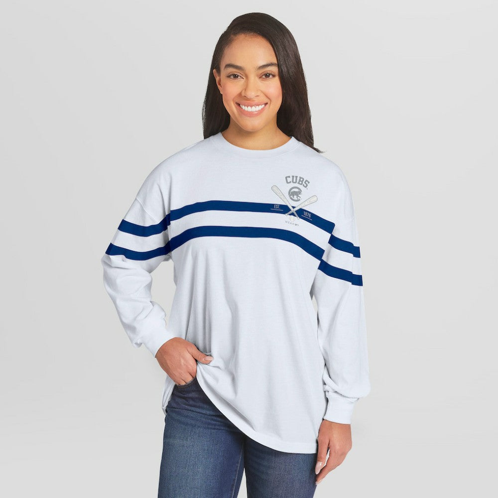 White Chicago Cubs WEAR by Erin Andrews Women's Oversized Long Sleeve Striped T-Shirt