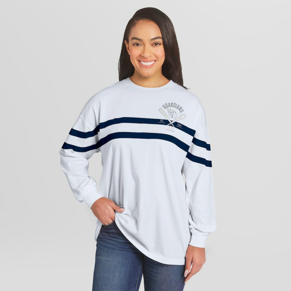 White Cleveland Guardians WEAR by Erin Andrews Women's Oversized Long Sleeve Striped T-Shirt