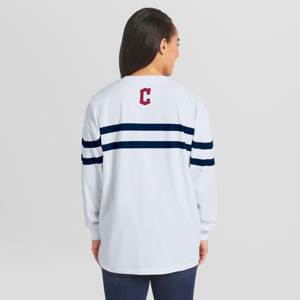 White Cleveland Guardians WEAR by Erin Andrews Women's Oversized Long Sleeve Striped T-Shirt